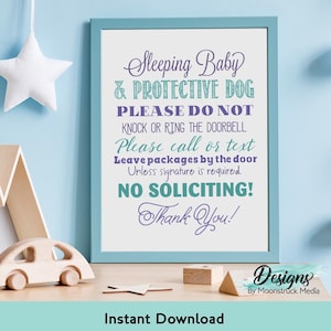 Blue and Teal Sleeping Baby Door Sign | Protective Dog No Soliciting Sign | Baby Doorbell Printable Notice
