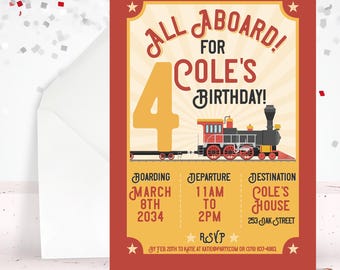 May include: A red, yellow, and white train-themed birthday invitation for a child turning four. The invitation features a cartoon train with the text "All Aboard! For Cole's 4th Birthday!" and details about the party, including the date, time, and location.