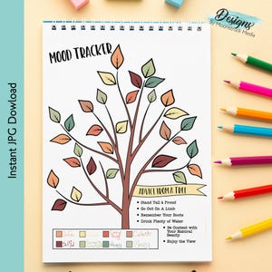 May include: A printable mood tracker featuring a tree with colourful leaves. The leaves are labelled with different moods, such as "On Fire", "Sleepy", "Content", and "Happy". The text "Advice from a Tree" is written on a banner above the tree. The advice includes phrases like "Stand Tall & Proud" and "Enjoy the View".