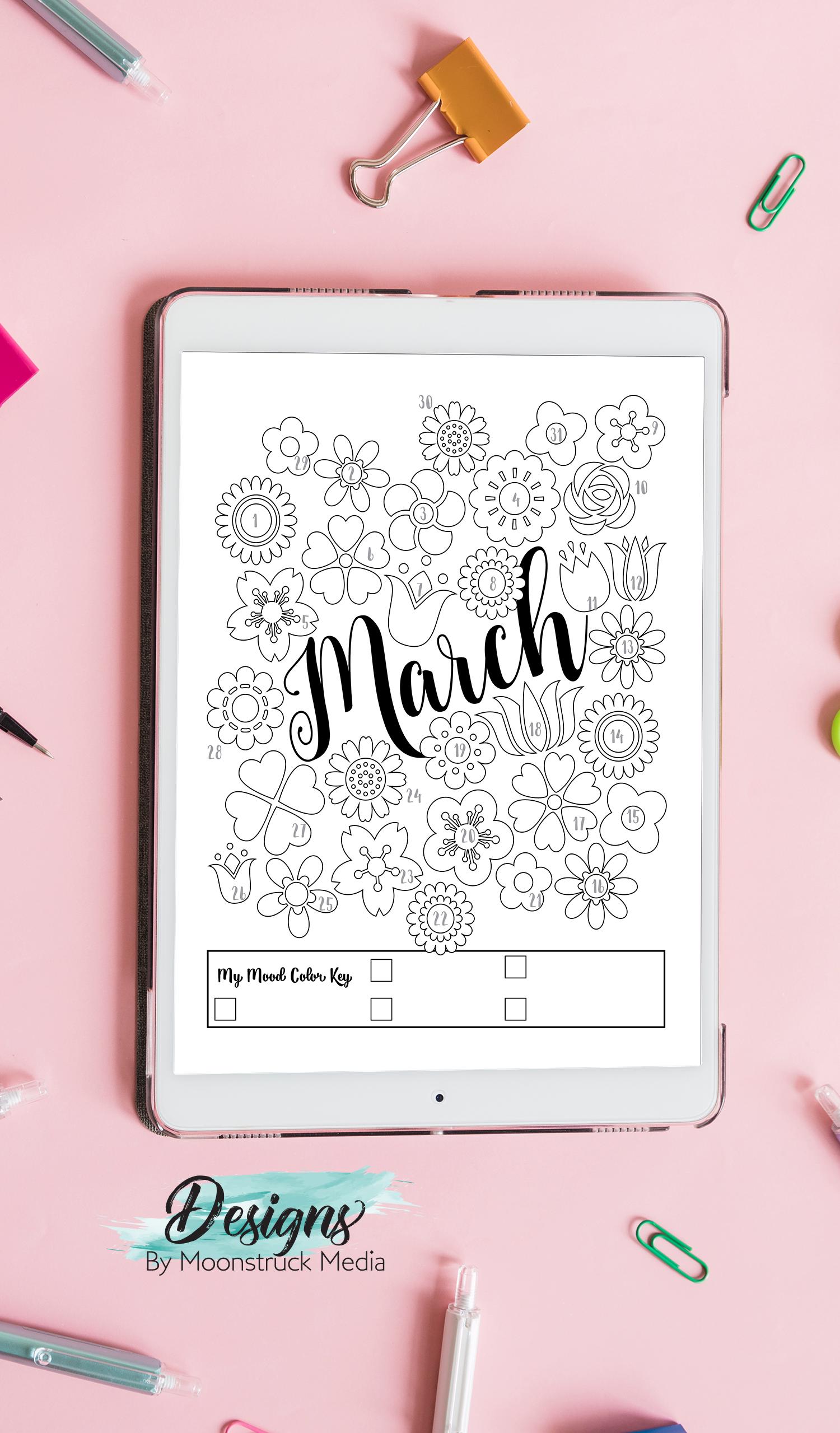 March Flower Mood Tracker Printable | Floral Bullet Journal Insert ...