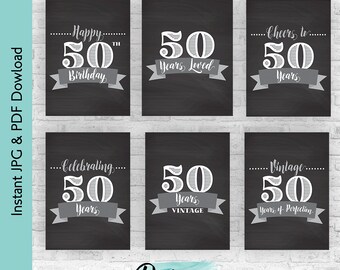 Chalkboard 50th Birthday Decoration Bundle | White and Gray Printable Sign Pack | Cheers to 50 Years Milestone Decor