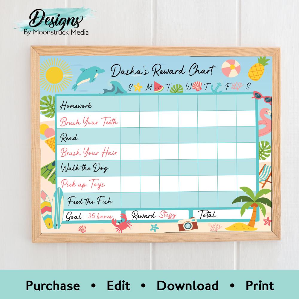 Beach Weekly Reward Chart for Kids | Editable Tropical Chore Chart ...