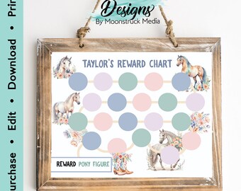 May include: A printable reward chart for children featuring a horse theme. The chart has a white background with a light blue, pink, and green color scheme. The chart has a title that says "Taylor's Reward Chart".