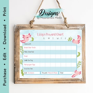 May include: A blue and white printable reward chart with a pink axolotl illustration. The chart is titled "Lizzy's Reward Chart" and has a column for each day of the week. The chart includes a list of chores such as "Homework", "Brush Your Teeth", "Make Your Bed", "Read", "Walk the Dog", "Pick up your Toys", and "Feed the Fish". The chart also includes a section for "Goal", "Reward", and "Total".
