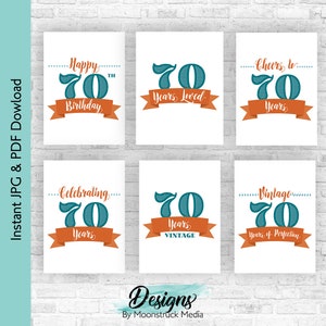 Lot de décorations 70e anniversaire bleu sarcelle et orange | Signes « Âgé jusqu'à la perfection » | Ensemble d'enseignes imprimables de décoration de fête des années 70