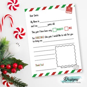 Santa Fill in the Blank Letter Printable for Kids | Cute Red and Green Striped Christmas Letter | Fun Holiday Activity with Drawing Box