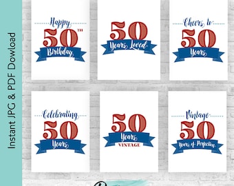 Red and Blue 50th Birthday Decoration Bundle | Cheers to 50 Years Printable Sign Pack | Milestone Birthday Party Decor