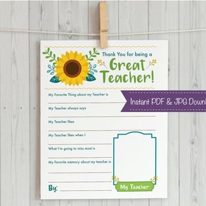 Teacher Appreciation Printable Thank You Letter Kids Teacher Gift ...