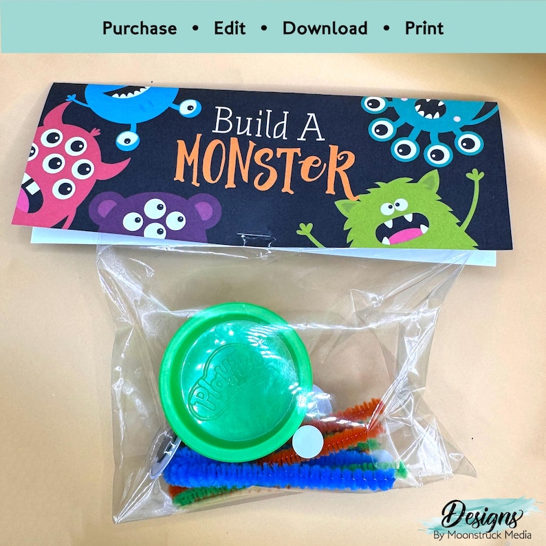 Printable “Build a Monster” Halloween favor tag featuring colorful monsters. Perfect for party bags, classroom gifts, birthdays, and DIY craft activity kits.