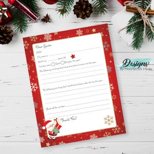 Santa Füllen Sie den leeren Buchstaben für Kinder aus | Rot und Gold Weihnachtsbrief an Santa Vorlage | Download der Urlaubsübersicht