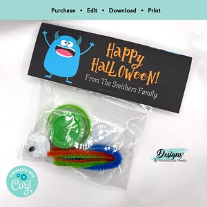 Printable “Build a Monster” Halloween favor tag featuring colorful monsters. Perfect for party bags, classroom gifts, birthdays, and DIY craft activity kits.