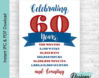 May include: A white print with the words "Celebrating 60 Years" in blue script and a large red "60". Below, a blue banner displays "Years" and time measurements in months, weeks, days, hours, minutes, and seconds. The print is a digital download.
