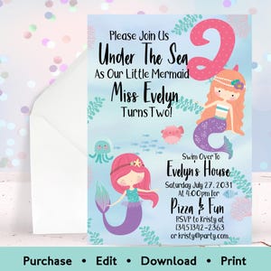 Invitación de cumpleaños de sirena para niña de 2 años / Invitación para segundo cumpleaños bajo el mar / Plantilla editable e imprimible para fiesta de niña