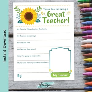 Carta de agradecimiento para el maestro con girasol para completar / Actividad imprimible de agradecimiento al maestro para niños / Regalo de fin de año para el maestro
