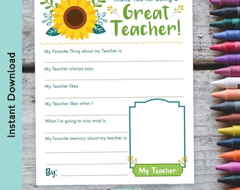Thank You Teacher Fill-in Letter with Sunflower | Printable Teacher Appreciation Activity for Kids | End of Year Teacher Gift