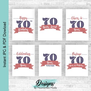 Ensemble imprimable de signes du 70e anniversaire | Décoration années 70, rose poudré et violet | 1955 Plaques de fête d'anniversaire | Téléchargement instantané