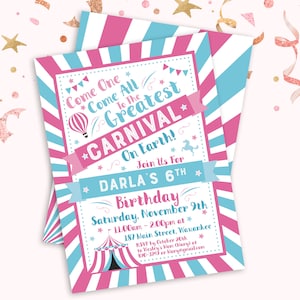 Pink Carnival Birthday Invitation for Girls | Editable Greatest Show Birthday Party Invite | Circus Theme PDF Printable