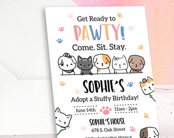 May include: A colorful invitation for a birthday party with a paw print theme. The invitation says "Get Ready to Pawty! Come. Sit. Stay." and features a variety of cartoon dogs and cats. The party is for Sophie and is called "Sophie's Adopt a Stuffy Birthday!" It will be held on June 14th from 11am to 2pm at Sophie's House, 678 S. Oak Street. RSVP to Sophie's Mom, Monica at party@gmail.com.