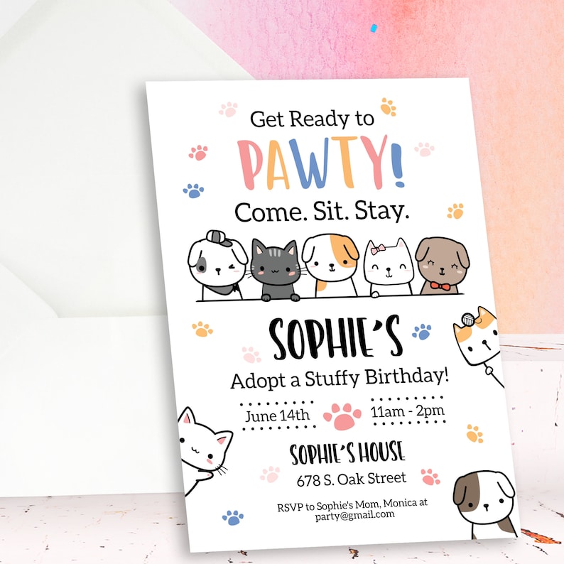 Editable pet adoption birthday invitation with cute puppies and kittens and colorful “Let’s Pawty” theme