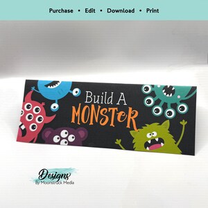 Printable “Build a Monster” Halloween favor tag featuring colorful monsters. Perfect for party bags, classroom gifts, birthdays, and DIY craft activity kits.