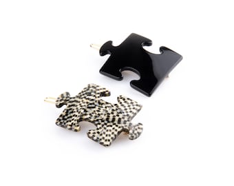 Turtle Story 2x Puzzle Piece Premium Cellulose Acetate ("Turtle shell") Handmade French Hair Clips (Opera/ Glossy Black)