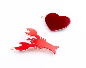 Turtle Story 2x Heart and Lobster Premium Cellulose Acetate ("Turtle shell") Handmade Hair Clips (Glossy Dark Red/ Glossy Red)