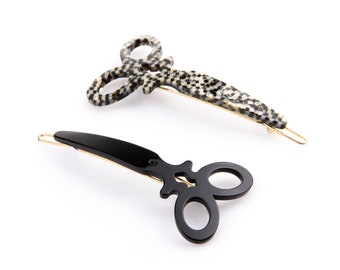 Turtle Story 2x Scissors Premium Cellulose Acetate ("Turtle shell") Handmade French Hair Clips (Opera/ Glossy Black)