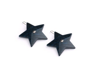 Night Blue - Turtle Story Star Clips - set of 2 - Handmade from Italian Cellulose Acetate ("Tortoiseshell")