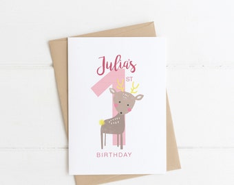 Carte de premier anniversaire personnalisée : motif cerf, carte recyclée