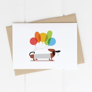 Chien saucisse avec ballons, carte d’anniversaire, carte de félicitations, carte de vœux, carte vierge