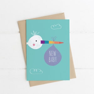 Nueva tarjeta de bebé, cigüeña, tarjeta de felicitación para nuevo bebé, tarjeta para nuevo bebé, tarjeta en blanco