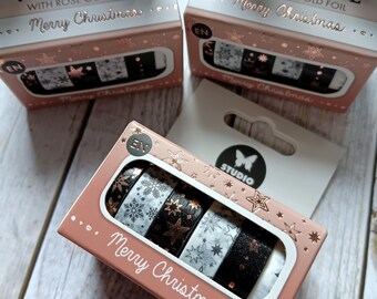 Cinta decorativa / washi tape Feliz Navidad copos de nieve estrella oro rosa