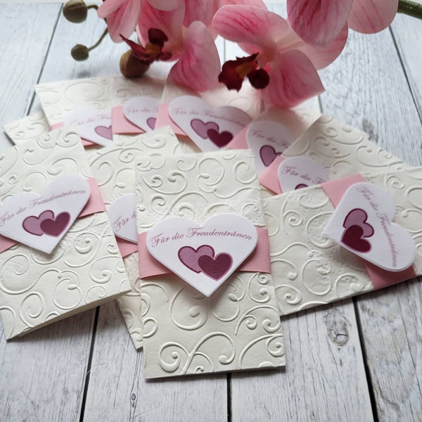 10x Freudentränen Taschentücher geprägt mit Banderole & Herz zur Hochzeit (TT62)
