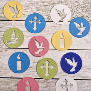 10x Stanzteile Kerze, Taube, Kreuz zur Kommunion / Taufe / Konfirmation