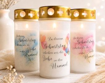 Vela conmemorativa de cumpleaños personalizada para mamá/papá/abuela – luz conmemorativa para el difunto – vela funeraria, luz de tumba, cumpleaños