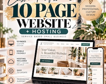 May include: A digital marketing graphic for a 10-page custom website and hosting service. The image displays a laptop and smartphone showing a website interface with the text Your Vision, A Beautiful Website and features icons for mobile friendly.