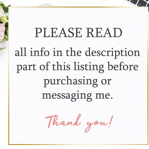 May include: A white card with a gold border and the text "PLEASE READ all info in the description part of this listing before purchasing or messaging me. Thank you!"