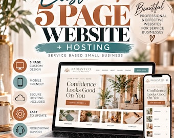 May include: A digital marketing graphic for a custom 5-page website and hosting service. The text reads Custom 5 Page Website + Hosting, Beautiful Professional & Effective Websites For Service Businesses, and lists features like mobile friendly.