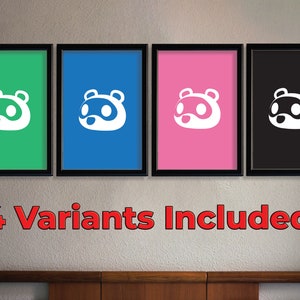 May include: Four framed prints featuring the Animal Crossing character, Nook, in different colors: green, blue, pink, and black. The character is a white silhouette on a colored background.
