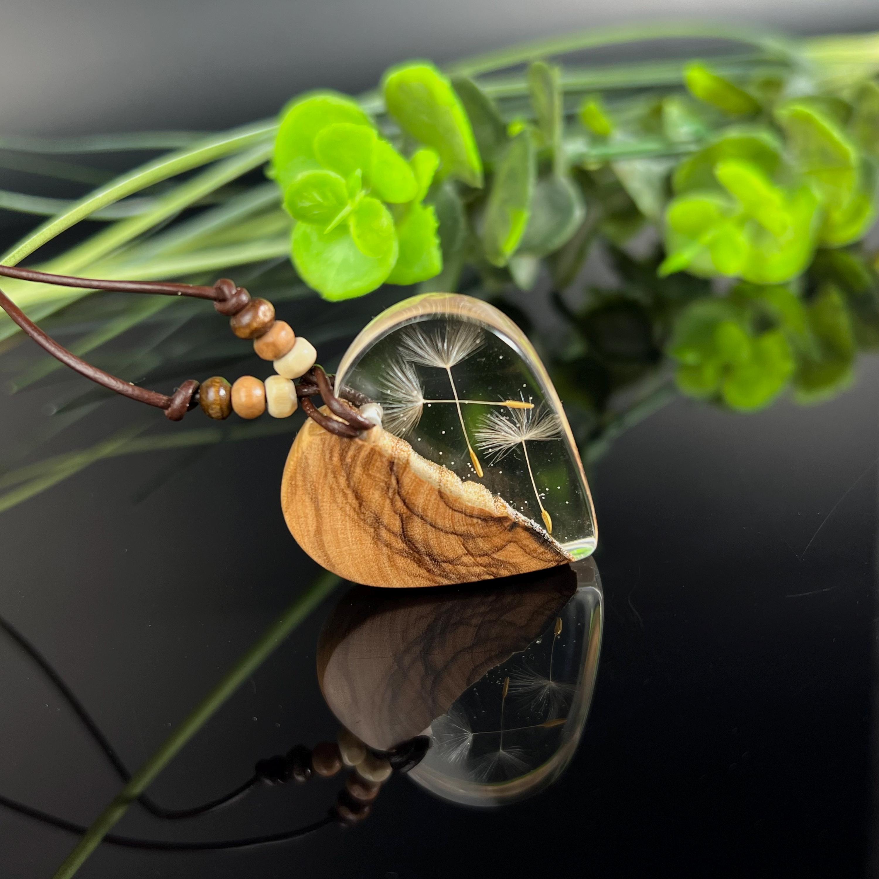 Dandelion Necklace Heart Wood Resin Necklace Epoxy Resin Olive