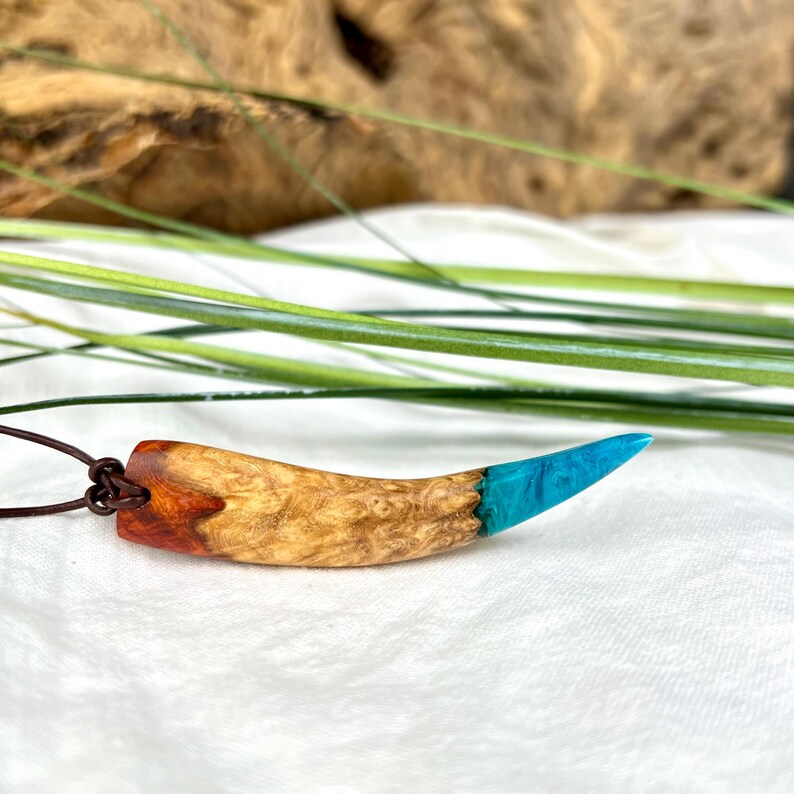 Handmade Pendant Made of Ambonia Burl Wood & Blue Epoxy Resin Unique