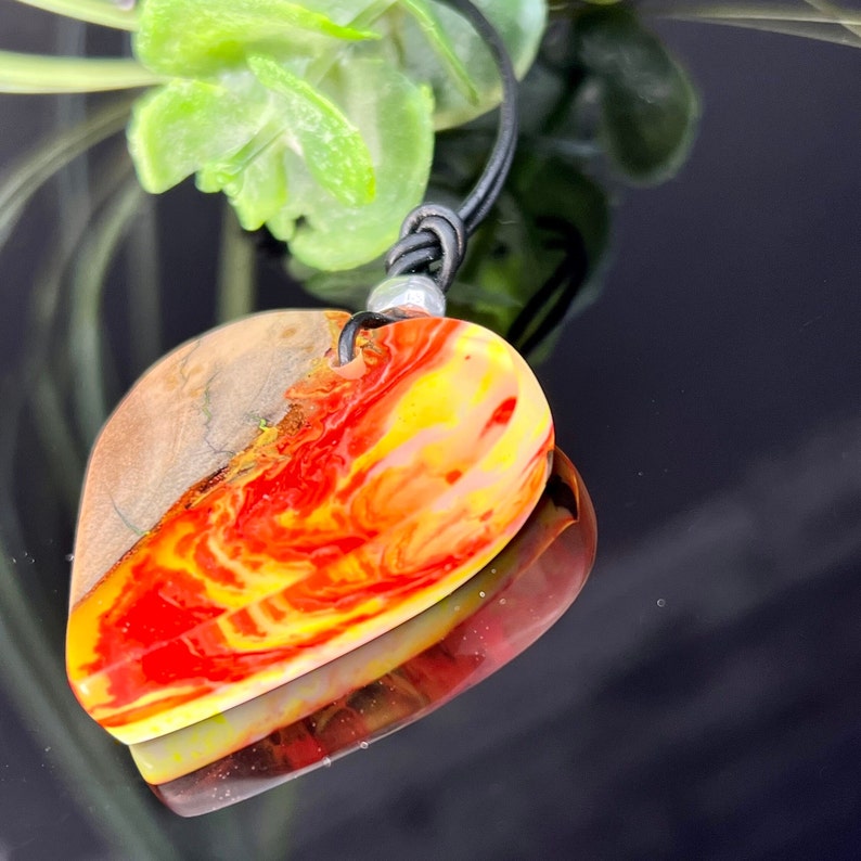 Handmade Fluorescent Heart Pendant Made of Olive Wood & Resin, Glows in
