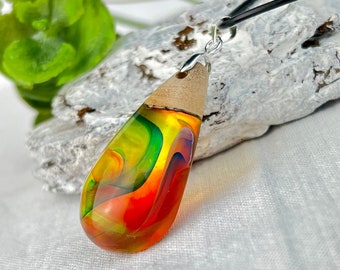 Wood resin necklace, yellow green blue, red, white, leather necklace, pots, gift idea, birthday