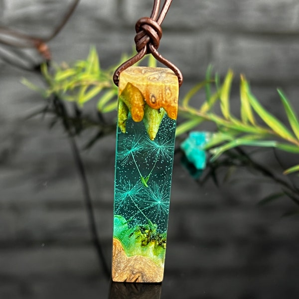 Dandelions Wood Resin Necklace,Gift,gift ideas,wood jewelry,Epoxy resin,turquoise,turquoise, anniversary