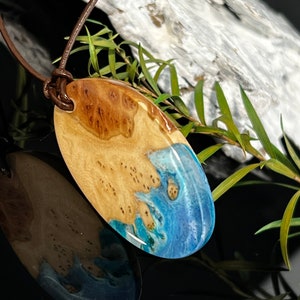 Wood resin necklace in blue and white, gift idea, epoxy resin, anniversary, gift, birthday