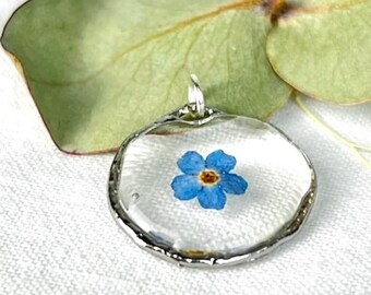 Forget-me-not pendant, real flower, resin, silver, handmade bezel pendant, natural jewelry