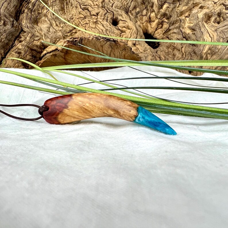 Handmade Pendant Made of Ambonia Burl Wood & Blue Epoxy Resin Unique