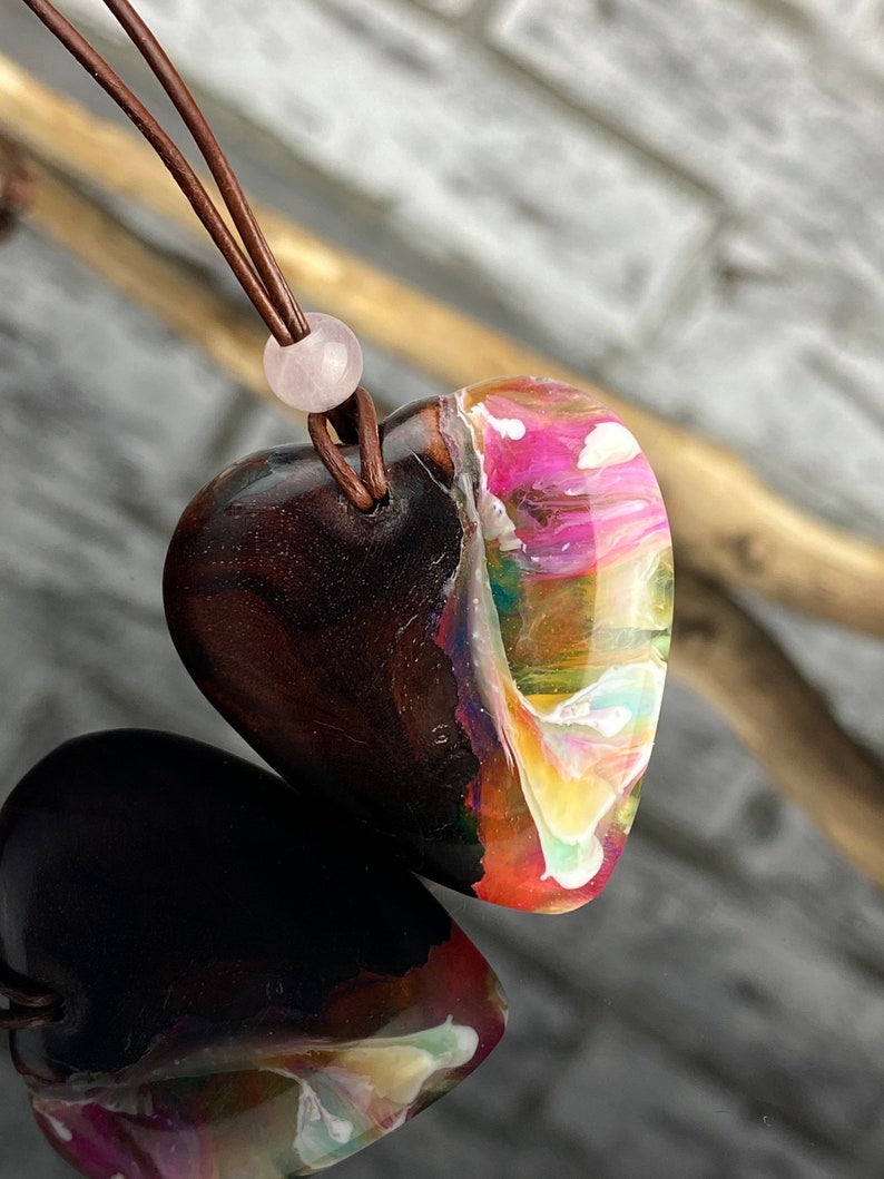 Resin wood jewelry resin necklacefluorescentblack lightblacklightgift ideaepoxy resinunique chainwood jewelry heart and wood