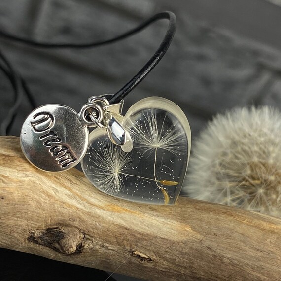 Dandelion Resin Heart Necklace Filigree Epoxy Resin Gift for