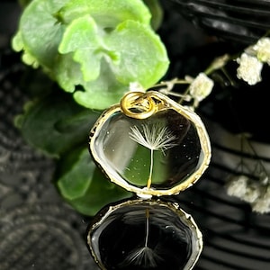 Dandelion pendant gold colored with real dandelion seeds, resin, flower jewelry, bezel, gift,